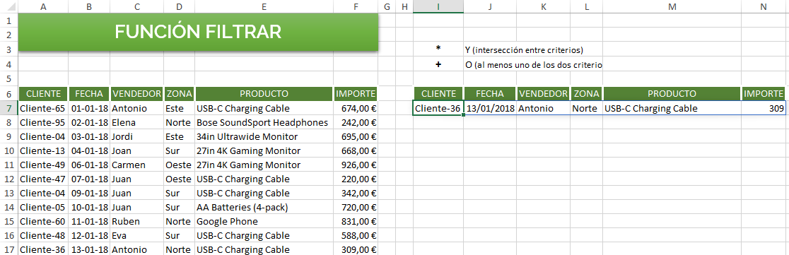 Funciones de Matrices Dinámicas - Filtrar